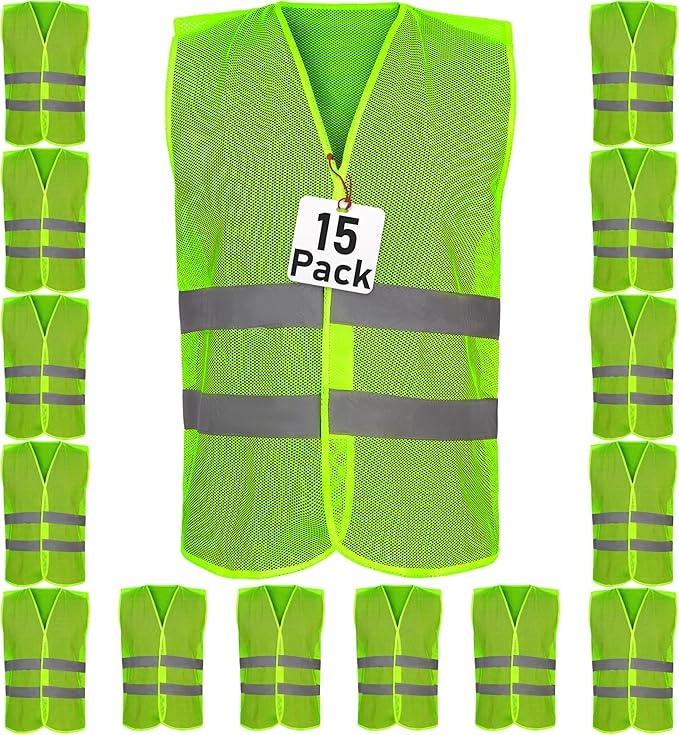 Safety Vest - 10 Pack and 15 Pack - High Visibility Vest for Everyday Use, Lightweight, Comfortable and Breathable