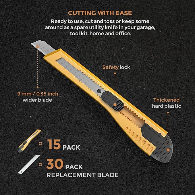 Nicpro 15 PCS Utility Knife Box Cutters Retractable Razor Knife 9mm with 30 PCS Extra Snap Off Blades for Lightweight Office, Home, Arts Crafts, Hobby