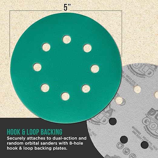 Dura-Gold Premium 2000 Grit 5" Green Film Sanding Discs, 8-Hole Pattern, Box of 50 - Dustless Hook & Loop Backing Sandpaper for DA & Random Orbital Sander, Detail Color Sand Auto Paint Wood Furniture