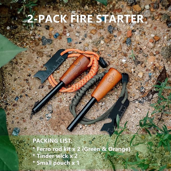 Fire Starter Survival Tool, Ferro Rod Kit with Tinder Wick, Pouch, Waterproof Flint and Steel Fire Starter for Camping, Hiking and Backpacking Gear