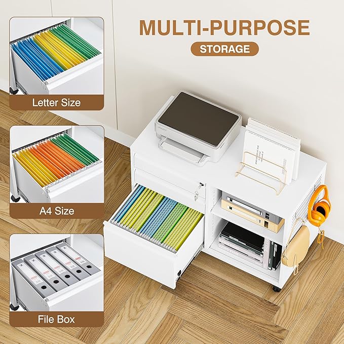 Mobile Filing Cabinet with Lock,Metal Lateral File cabinets Printer Stand with Storage Cabinet for Home Office,A4/F4/Letter (White-3 Drawer)