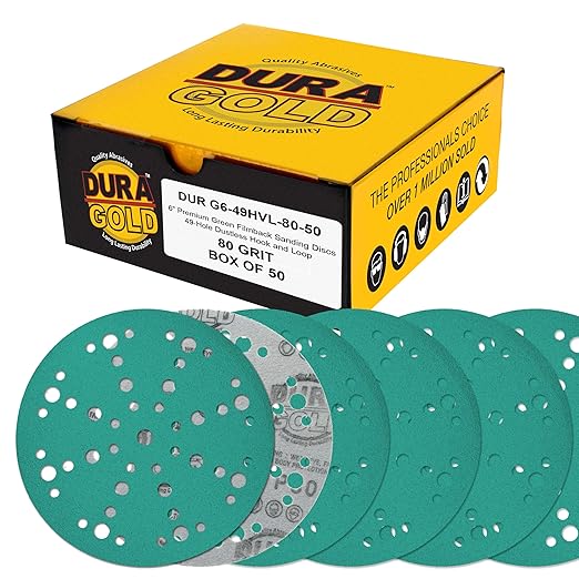 Dura-Gold Premium 80 Grit 6" Green Film Sanding Discs, 49-Hole Pattern, Box of 50 - Heavy-Duty Dustless Hook & Loop Backing Sandpaper for DA & Random Orbital Sanders, Sand Auto Paint, Wood Furniture