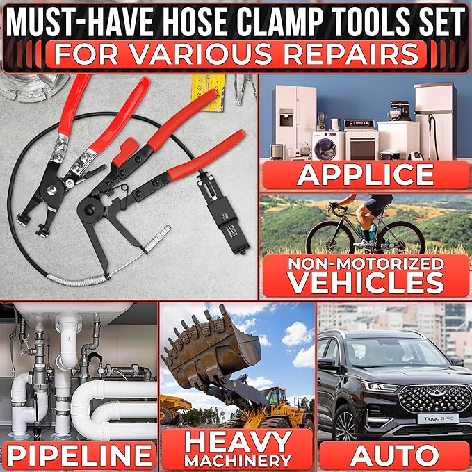 2 Pcs Radiator Hose Clamp Pliers Automotive Set – Heavy-Duty Radiator Hose Clamp Tool with Locking Mechanism – 8.2" & 8.6" Non-Slip Rubber Handles, Easy to Use | for Coolant, Fuel, Oil Hose Repairs