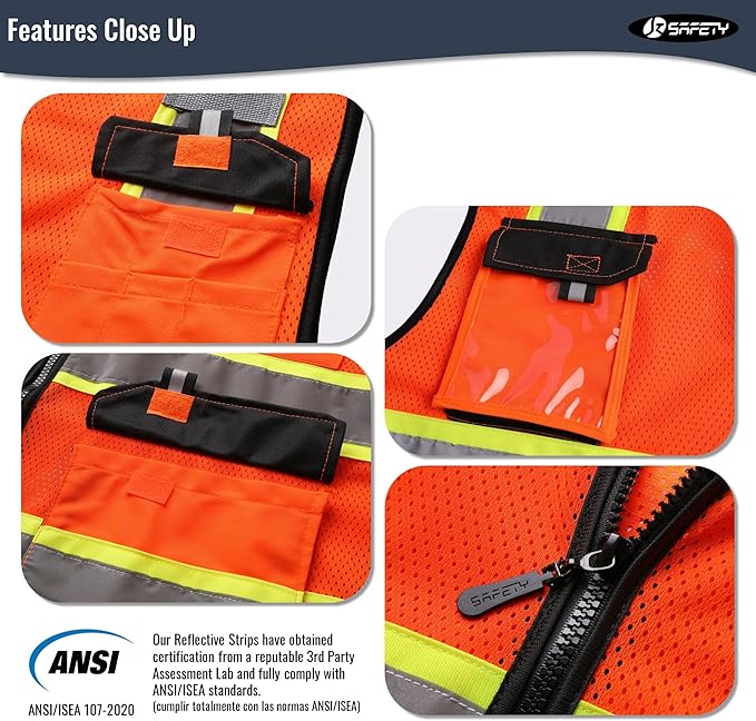 JKSafety Hi Vis Reflective Safety Vests for Men Women High Visibility Vest with Pockets Mesh Fabric Construction Safety Apparel Neon Vest for Work (220-Orange L)