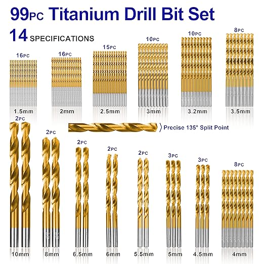 Metric 99 Pieces Titanium Twist Drill Bit Set, 135° Tip High Speed Steel, Size from 1.5mm up to 10mm, Ideal Drilling in Wood/Cast Iron/Aluminum Alloy/Plastic/Fiberglass, with Hard Storage