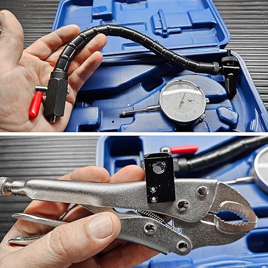 Disc Brake Rotor Ball Joint Gauge, 0-1” by 0.001” Dial Indicator, Automobile Brake Disc Flatness Runout Backlash Measuring Tool, with 13” Flexible Stem Holder & Locking Pliers
