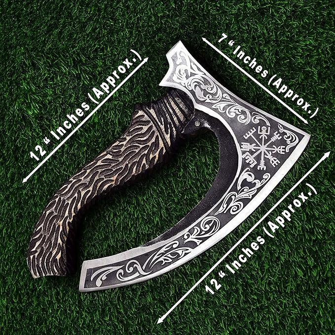 SHINY CRAFTS -Axes viking axe real weapon mens axes gifts for him- with Black Etching Authentic Medieval Pizza Cutter Axe, Norse Pizza Axe Gift, Carbon Steel Viking Axe with Sheath (SCA-027)