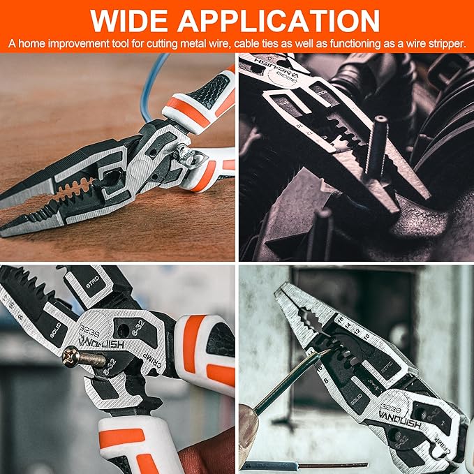 VANQUISH 10-in-1 Long Nose Pliers, 8‘’ Multipurpose Combination Pliers Wire Cutter/Crimper/Stripper, CRV Steel, Heavy Duty Side-Cutting Pliers for Crimping, Stripping, Shearing, Deburring, 3239