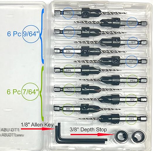 FTG USA Countersink Drill Bit Set for Wood with Tapered Drill Bit 6 Pc #4 (7/64"), 6 Pc #6 (9/64")
