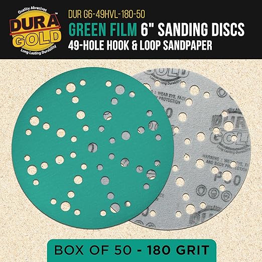 Dura-Gold Premium 180 Grit 6" Green Film Sanding Discs, 49-Hole Pattern, Box of 50 - Heavy-Duty Dustless Hook & Loop Backing Sandpaper for DA & Random Orbital Sanders, Sand Auto Paint, Wood Furniture