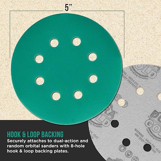 Dura-Gold Premium 600 Grit 5" Green Film Sanding Discs, 8-Hole Pattern, Box of 50 - Dustless Hook & Loop Backing Sandpaper for DA & Random Orbital Sanders, Sand Automotive Paint Woodworking Furniture