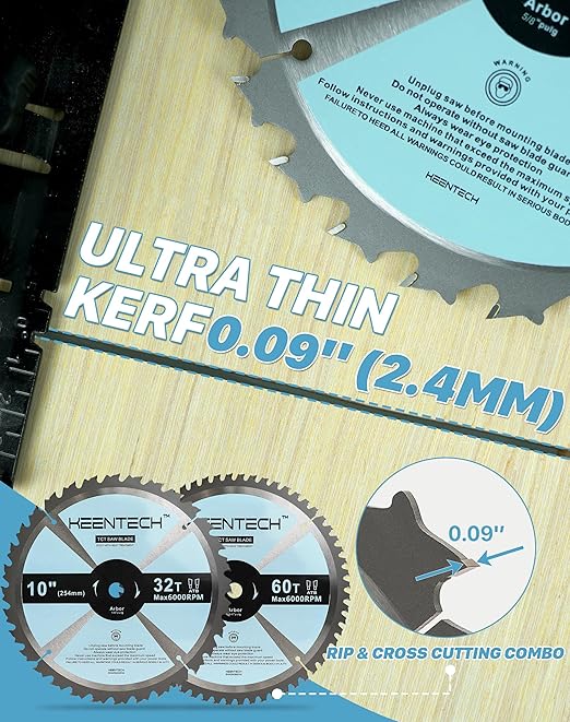 KEENTECH 10 Inch ATB Miter Saw Blade 32T and 60T Assortment for Wood Working, Compatible with 5/8 Inch Arbor Corded or Cordless Miter Saws, Table Saws (2-Pack)