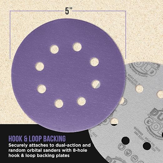 Dura-Gold Premium 220 Grit 5" Purple Film Ceramic Sanding Discs, 8-Hole Pattern, Box of 50 - Dustless Hook & Loop Backing Sandpaper for DA & Random Orbital Sanders - Sand Auto Paint, Wood, Woodworking