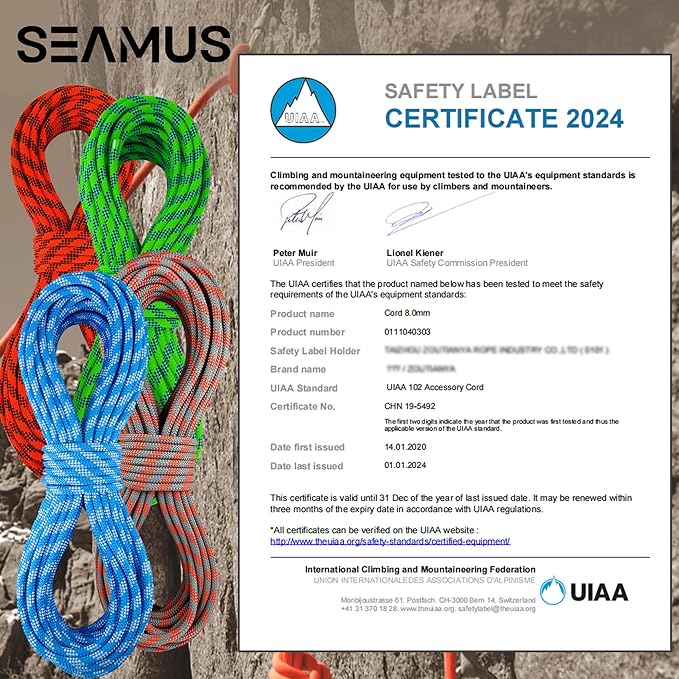 SEAMUS 8mm (5/16in) Prusik Accessory Cord 15M (50ft) UIAA Rock Climbing Rope 14Kn High Tensile Strength Rock Climbing Accessories Cord Double Braid Nylon Cord for Mountain Tree Climbing,Fire Rescue