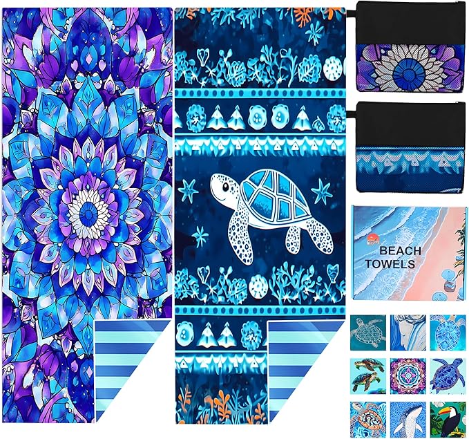 2 Pack Microfiber Beach Towel Oversized 71"x32" Sand Free Quick Dry Absorbent Lightweight Thin , Compact Towels for Travel Swimming Pool Yoga Gym Camping Beach Accessories Vacation Essentials Gift