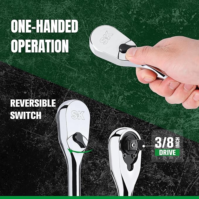 SK 3/8" Drive Ratchet Handle, Pear Head, 90-Tooth Ratchet, Alloy Steel, with Contoured Handle