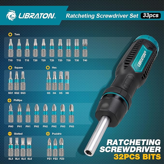 LIBRATON Ratcheting Screwdriver Set, Multi-bit Screwdriver Tool, 33-in-1 Magnetic Ratchet Screw Driver, Slotted/Philips/Pozi/Torx/Hex/Square Bits, Ergonomic Handle for Home, Auto & DIY