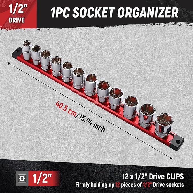 ALOANES Magnetic Socket Organizer, 1/2-Inch Drive Aluminum Socket Holder Socket Tray, Heavy Duty Socket Rail Organizer for Tool Box Drawer, 360°Swivel Clips Socket Rack 1/2-Inch x 12 Clips (Red)