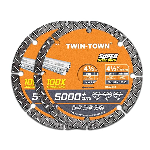 TWIN-TOWN 4 1/2" Diamond Cutting Wheel with 7/8" Arbor, Metal Cut Off Wheel, Carbide Cutting Wheel for Angle Grinder, 5000+ Cuts on Rebar, Steel, Iron, and INOX,2 Pack