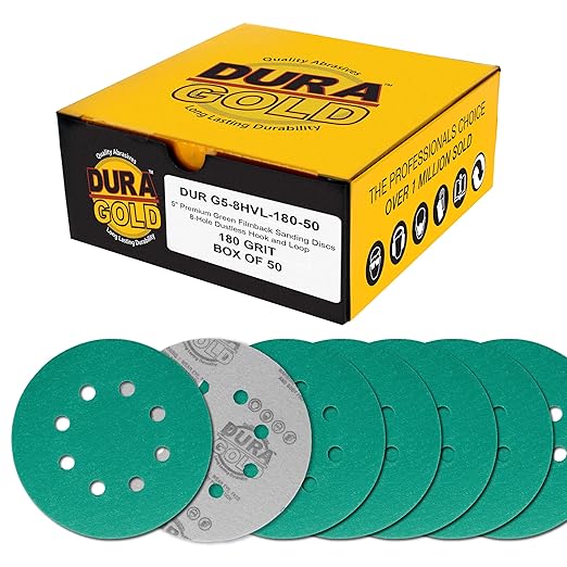 Dura-Gold Premium 180 Grit 5" Green Film Sanding Discs, 8-Hole Pattern, Box of 50 - Dustless Hook & Loop Backing Sandpaper for DA & Random Orbital Sanders, Sand Automotive Paint Woodworking Furniture