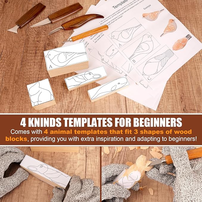 Wood Carving Kit, 44Pcs Wood Carving Tools with 4 Style Templates & 12 Color Paint Set & Bee Wax, Wood Whittling Knives Set 4pcs Whittling Knives & 5pcs Detail Knives for Beginners and Hobbyists