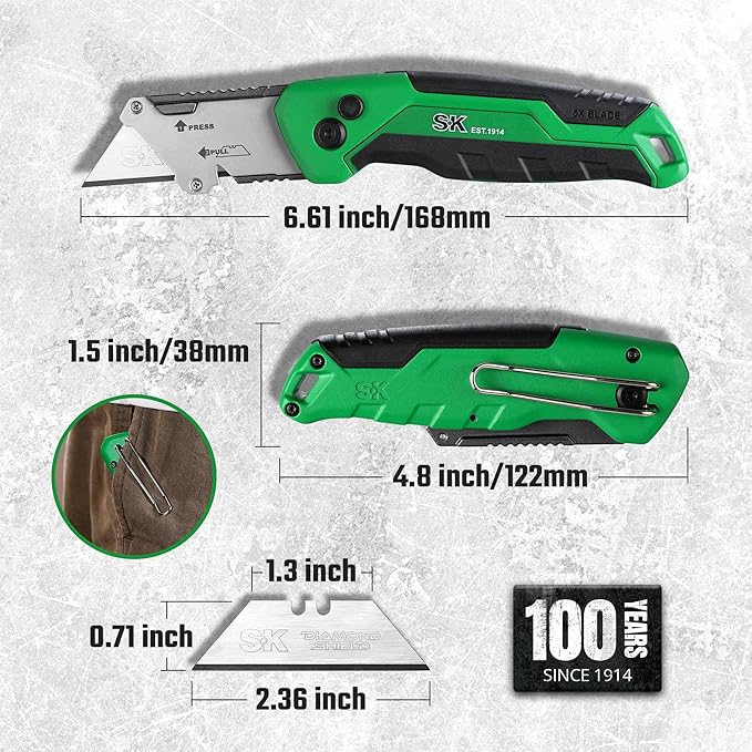 SK Folding Utility Knife with Additional Wire Cutter, Quick Change Box Cutter, Blade Storage in Handle, Extra 4 SK2M Blades Included