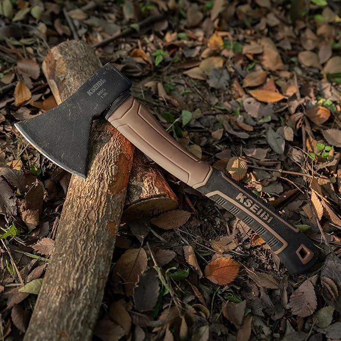 KSEIBI Outdoor Camping Hatchet with Sheath for Splitting and Kindling Wood, Forged Steel Blade with Anti-Slip and Shock Reduction Handle Great Throwing Axes and Hatchets (Tuscan Brown)