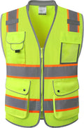 JKSafety 9 Pockets Hi-Vis Safety Vest Breathable Mesh Fabric Cushioned Collar Work Utility PPE Lightweight Industrial Work Gear ANSI/ISEA compliant (101-Yellow XL)