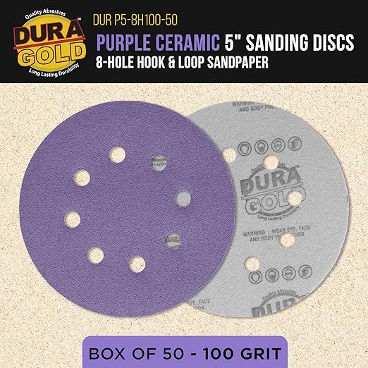 Dura-Gold Premium 100 Grit 5" Purple Film Ceramic Sanding Discs, 8-Hole Pattern, Box of 50 - Dustless Hook & Loop Backing Sandpaper for DA & Random Orbital Sanders - Sand Auto Paint, Wood, Woodworking