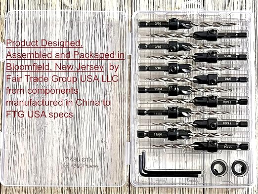FTG USA Countersink Drill Bit Set 6 Pc #8 (11/64"), 6 Pc #10 (3/16") Tapered Countersink Bit, Stop Collar, Hex Wrench, Woodworking Countersink Drill Bits