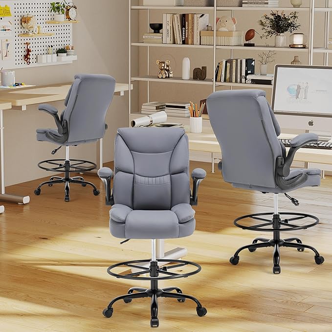 500LBS Drafting Chair, High Back Safer Standing Desk Chair, Executive Tall Office Chair with Flip-up Armrests, Upholstered PU Leather Task Chair, Ergonomic Seat with Adjustable Height&Foot Ring, Grey