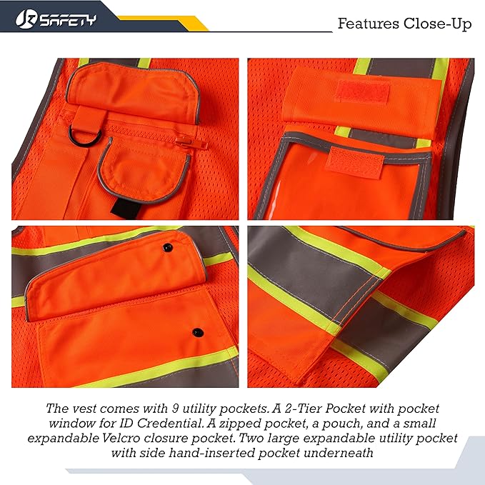 JKSafety 9 Pockets Hi-Vis Reflective Safety Vest | Mesh Fabric | Fluorescent Orange Color with Neon Yellow Extended Trims | ANSI/ISEA Compliance (100-Orange, XXL)
