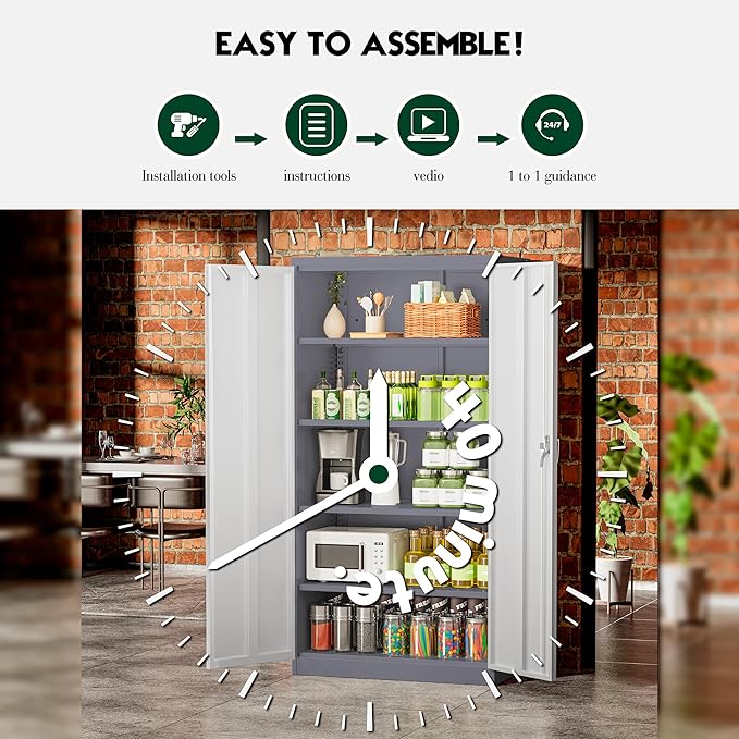 Greenvelly Metal Storage Cabinet with 2 Doors and 4 Adjustable Shelves, Lockable Steel Tool Cabinet for Home, Office, Garage, Classroom (Grey White)