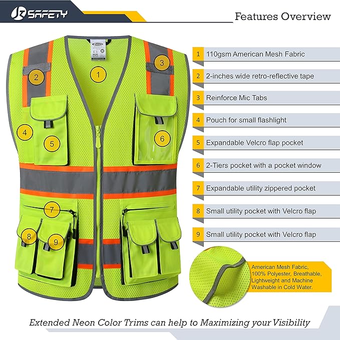 JKSafety 10 Pockets Hi-Vis Neon Color Frontal Zipper Mesh Safety Vest for Men Women Safety Utility for works Comply to ANSI/ISEA Class 2 (86-Yellow 3XL)