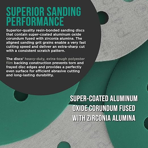 Dura-Gold Premium 1500 Grit 5" Green Film Sanding Discs, 8-Hole Pattern, Box of 50 - Dustless Hook & Loop Backing Sandpaper for DA & Random Orbital Sander, Detail Color Sand Auto Paint Wood Furniture