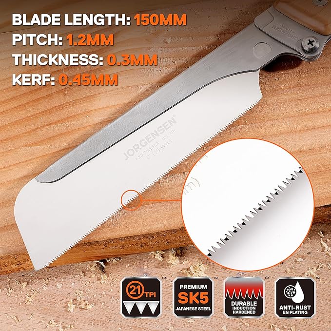 JORGENSEN Japanese Pull Saw, 6 Inch Pro Folding Dovetail Saw with Beech Wood Long handle, SK5 Steel Blade Tool-less Quick Change, 21TPI Cross Cut Woodworking Handsaw for Hardwood, Softwood