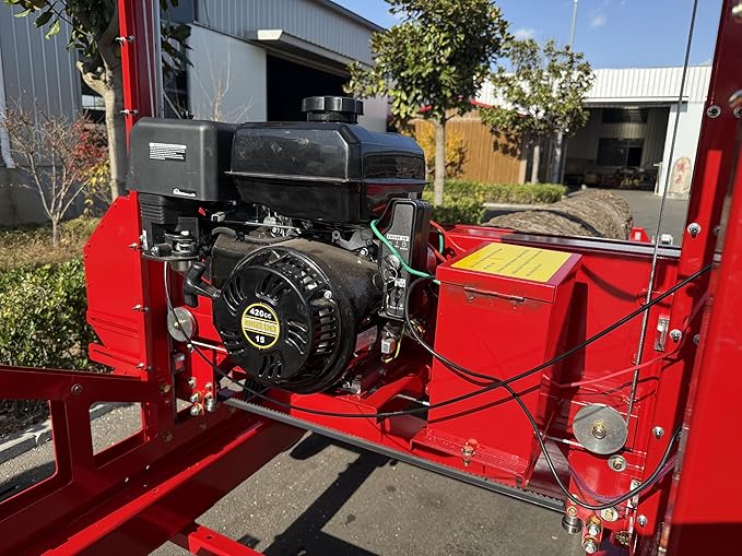Gas-Powered Sawmill - 15HP 420cc, Cuts 32" Diameter Logs into 32"x7"x188.74" Planks, 160.63" Blade, 19.68FT Rail, 2 Tires, Trailer Hitch, Taillights, Quick Up/Down Sawhead, Red Steel
