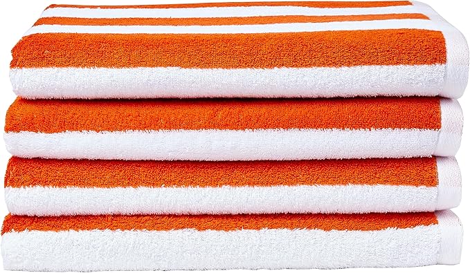 Amazon Basics Cabana Stripe Beach Towel, Pack of 4, Orange, 30 in x 60 in