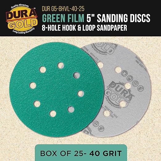 Dura-Gold Premium 40 Grit 5" Green Film Sanding Discs, 8-Hole Pattern, Box of 25 - Dustless Hook & Loop Backing Sandpaper for DA & Random Orbital Sanders, Sand Automotive Paint Woodworking Furniture