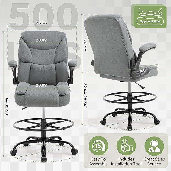 500LBS Drafting Chair, High Back Safer Standing Desk Chair, Executive Tall Office Chair with Flip-up Armrests, Upholstered Fabric Task Chair, Ergonomic Seat with Adjustable Height&Foot Ring, Grey