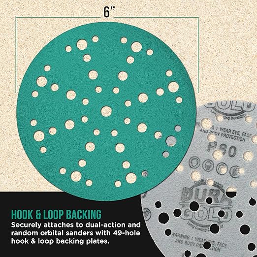 Dura-Gold Premium 80 Grit 6" Green Film Sanding Discs, 49-Hole Pattern, Box of 50 - Heavy-Duty Dustless Hook & Loop Backing Sandpaper for DA & Random Orbital Sanders, Sand Auto Paint, Wood Furniture