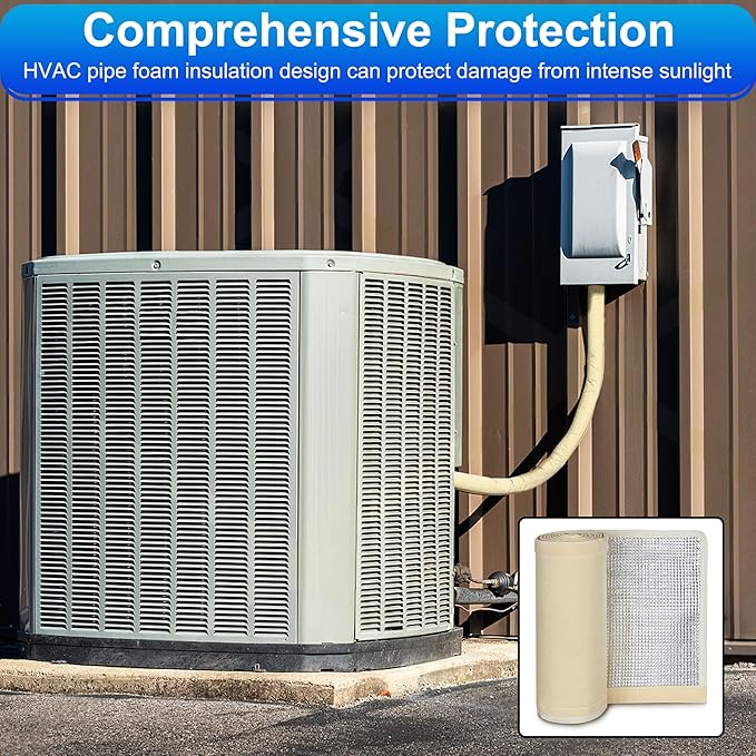 3 Layers HVAC Copper Pipe Insulation Cover Protector,Flexible AC Copper Line Insulation Sleeve,600D Oxford 72x10.2 Inch AC Pipe Insulation Wrap for Outside Central Air Conditioning Splits Khaki