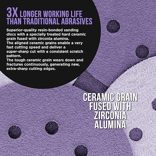 Dura-Gold Premium 40 Grit 5" Purple Film Ceramic Sanding Discs, 8-Hole Pattern, Box of 25 - Dustless Hook & Loop Backing Sandpaper for DA & Random Orbital Sanders - Sand Auto Paint, Wood, Woodworking