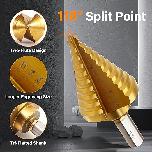 Step Drill Bit Set, 6Pcs HSS Titanium Step Bits with Automatic Center Punch, 50 Sizes Step Drill Bit for Metal, Wood with Aluminum Case