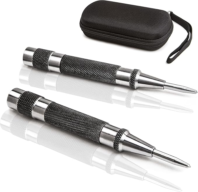 ALLY Tools Heavy Duty Automatic Center Punch w/Hardened Steel – 2PC Premium Automatic Center Punch for Metal for Machinists and Carpenters w/Adjustable Knurled Cap, Spring Loaded and Hard-Shell Case