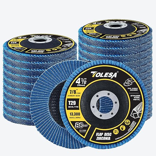 TOLESA Flap Discs 4 1/2 for Angle Grinder, 80 Grit Type 29 Zirconia Grinding Disc for Stainless Steel, Sheet Metal, Cast Iron (24 Pack)