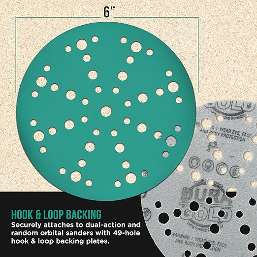 Dura-Gold Premium 400 Grit 6" Green Film Sanding Discs, 49-Hole Pattern, Box of 50 - Heavy-Duty Dustless Hook & Loop Backing Sandpaper for DA & Random Orbital Sanders, Sand Auto Paint, Wood Furniture