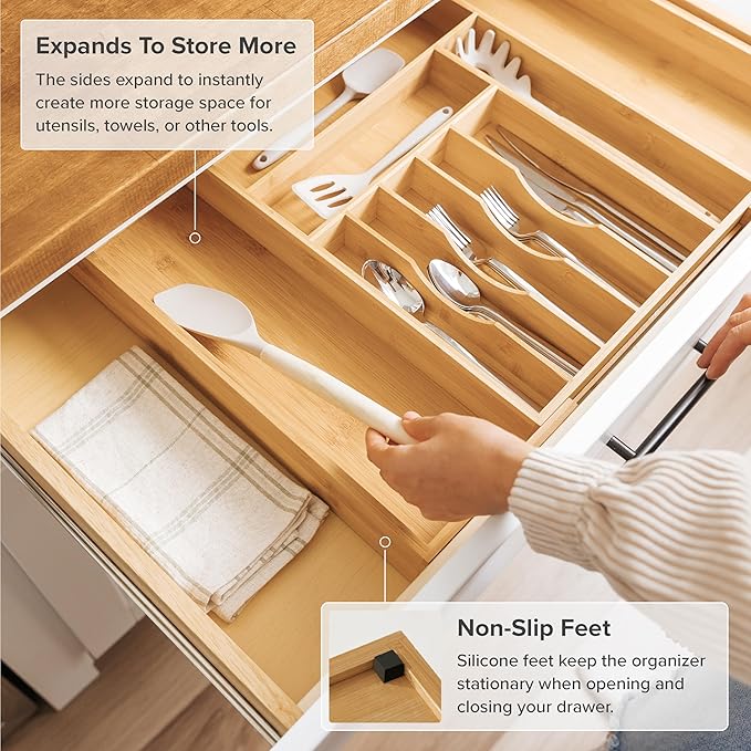 Premium Silverware, Flatware and Utensil Organizer for Kitchen Drawers, Food-Safe Contract Grade, Expandable from 14 to 25 In, Natural Bamboo