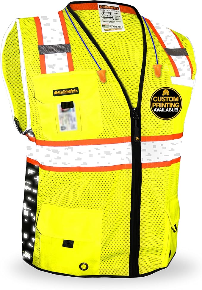 KwikSafety - BIG KAHUNA DIGITAL Safety Vest [LIMITED EDITION] Class 2 ANSI OSHA Reflective Vest Durable High Visibility Vest Construction Safety Vest for Men Industrial Work Gear/Yellow Small
