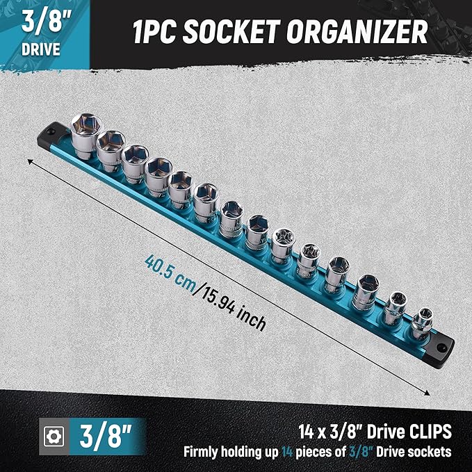 ALOANES Magnetic Socket Organizer, 3/8-Inch Drive Aluminum Socket Holder Socket Tray, Heavy Duty Socket Rail Organizer for Tool Box Drawer, 360°Swivel Clips Socket Rack 3/8-Inch x 14 Clips (Aqua Blue)